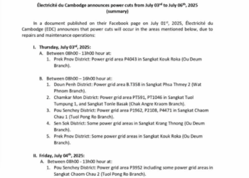 Électricité du Cambodge announces power cuts from July 3rd to July 6th, 2025