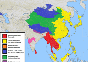 Geographical distribution of Buddhist sects across Asia