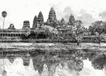 Picture of the day: Angkor Wat at sunrise, grayscale, watercolor