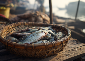 A shallow woven bamboo basket filled with freshly caught fish sits on a rough wooden table at a riverside market at dawn, with the misty river and blurred market scene in the background.