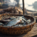 A shallow woven bamboo basket filled with freshly caught fish sits on a rough wooden table at a riverside market at dawn, with the misty river and blurred market scene in the background.