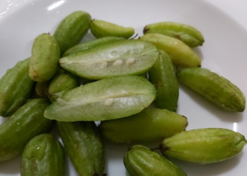 Fresh green bilimbi fruits on a white plate, with one fruit sliced open to show the pale, juicy interior and seeds.