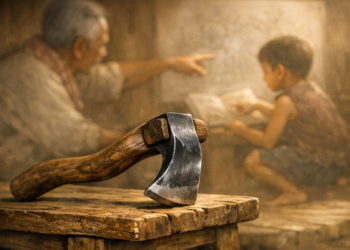 Close-up of a worn wooden-handled axe resting on a rough wooden table, with a blurred background of an older person pointing at a book while a child reads, creating a rustic, storytelling atmosphere.