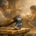 Close-up of a worn wooden-handled axe resting on a rough wooden table, with a blurred background of an older person pointing at a book while a child reads, creating a rustic, storytelling atmosphere.