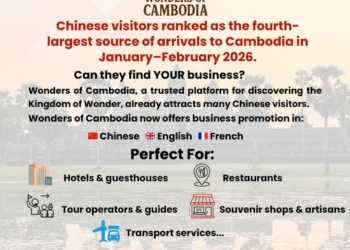 Promotional poster for Wonders of Cambodia offering advertising in Chinese, English, and French for hotels, restaurants, tour operators, souvenir shops, and transport services, targeting growing Chinese tourist arrivals to Cambodia.