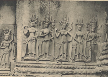 Six devata figures carved in bas-relief on Angkor Wat temple wall, showing elaborate headdresses and graceful standing poses, 12th century Khmer architecture