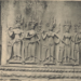 Six devata figures carved in bas-relief on Angkor Wat temple wall, showing elaborate headdresses and graceful standing poses, 12th century Khmer architecture