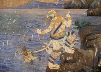 Hanuman fighting demon in Reamker mural at the Silver Pagoda in the Royal Palace Phnom Penh by Tep Nimit Mak 1903-1904