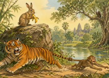 Watercolor illustration of a Khmer folktale scene: a frightened tiger runs beside a jungle pond dragging a panicked monkey tied to its tail, while a calm hare eats a banana on a rock above and a fish eagle watches from a tree with Angkor-style temples in the background.
