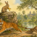 Watercolor illustration of a Khmer folktale scene: a frightened tiger runs beside a jungle pond dragging a panicked monkey tied to its tail, while a calm hare eats a banana on a rock above and a fish eagle watches from a tree with Angkor-style temples in the background.