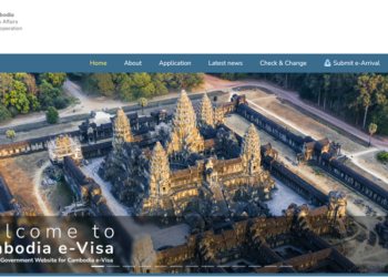 Official Cambodia e-Visa website homepage showing an aerial view of Angkor Wat with the text “Welcome to Cambodia e-Visa.”