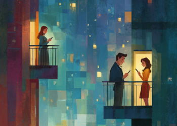 Digital illustration of three people on separate city balconies at night, each absorbed in their phone, suggesting emotional distance despite physical closeness.