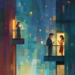 Digital illustration of three people on separate city balconies at night, each absorbed in their phone, suggesting emotional distance despite physical closeness.