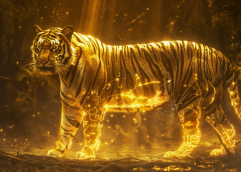 Magical golden tiger with glowing transformation energy in jungle - Khmer folktale illustration