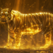 Magical golden tiger with glowing transformation energy in jungle - Khmer folktale illustration