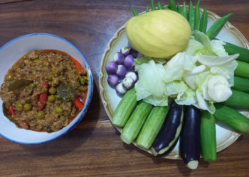 Top‑down view of Cambodian prahok ktis dip in a bowl beside a platter of fresh vegetables including cucumbers, eggplants, small purple eggplants, cabbage leaves, okra and a yellow mango on a wooden table.