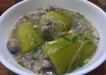 Stuffed Cambodian wax gourd pieces filled with minced pork and Longkou vermicelli, served in a light broth in a white bowl with scattered green onion.