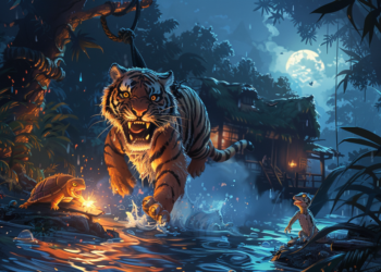 A frightened tiger splashes through a moonlit jungle river as a small turtle brandishes a glowing ember and a gecko watches from the bank, with a stilt house glowing warmly in the background under a full moon.