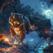 A frightened tiger splashes through a moonlit jungle river as a small turtle brandishes a glowing ember and a gecko watches from the bank, with a stilt house glowing warmly in the background under a full moon.