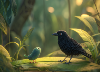 Black bird and fantastical creature on tropical leaf in Southeast Asian jungle setting - digital art illustration