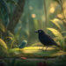 Black bird and fantastical creature on tropical leaf in Southeast Asian jungle setting - digital art illustration