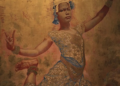 Painting “Danseuse cambodgienne” (1922) by René Piot, showing a Cambodian apsara dancer in mid‑pose, wearing ornate classical costume, painted in tempera with gold leaf on wood.