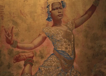 Painting “Danseuse cambodgienne” (1922) by René Piot, showing a Cambodian apsara dancer in mid‑pose, wearing ornate classical costume, painted in tempera with gold leaf on wood.