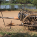 Traditional wooden Cambodian ox cart standing empty on a dirt road beside a pond in rural Banteay Meanchey, showing faded everyday transport now used mainly for tourism and cultural display.
