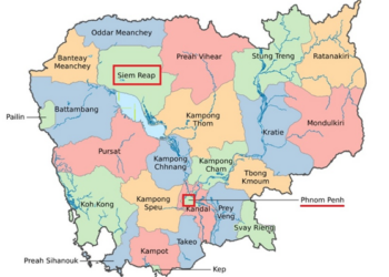 Carte colorée du Cambodge montrant les frontières et noms des provinces, avec Siem Reap et Phnom Penh mises en évidence.