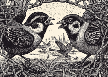Two sparrows trapped in a hunter’s net angrily facing each other, drawn in a detailed black‑and‑white woodcut style, with smaller sparrows and grass visible in the background