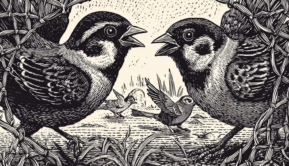 Two sparrows trapped in a hunter’s net angrily facing each other, drawn in a detailed black‑and‑white woodcut style, with smaller sparrows and grass visible in the background