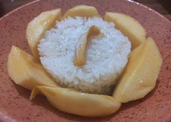 Close-up of Cambodian mango sticky rice served in a rustic clay bowl, with a round mound of glossy coconut sticky rice surrounded by golden mango slices like petals and a small jackfruit strip on top.