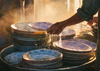 Steam-filled Khmer-style kitchen scene at sunset, with a hand lifting a wet porcelain plate from a large metal basin overflowing with stacked dishes, warm golden light catching the water droplets and edges of the plates.