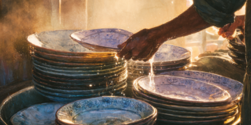Steam-filled Khmer-style kitchen scene at sunset, with a hand lifting a wet porcelain plate from a large metal basin overflowing with stacked dishes, warm golden light catching the water droplets and edges of the plates.