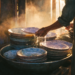 Steam-filled Khmer-style kitchen scene at sunset, with a hand lifting a wet porcelain plate from a large metal basin overflowing with stacked dishes, warm golden light catching the water droplets and edges of the plates.