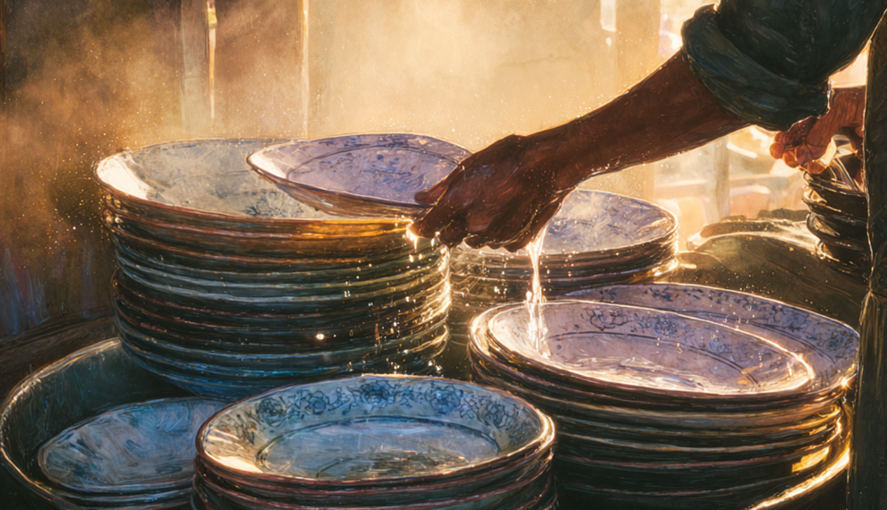 Steam-filled Khmer-style kitchen scene at sunset, with a hand lifting a wet porcelain plate from a large metal basin overflowing with stacked dishes, warm golden light catching the water droplets and edges of the plates.