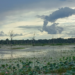 Lotus-filled Jayatataka Baray surrounding Neak Poan at Angkor, with bare trees and dramatic monsoon clouds mirrored in the still water.