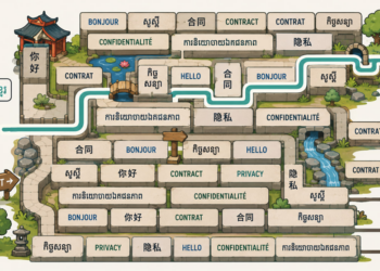 Maze of English, French, Khmer and Chinese words showing safe and risky paths of AI translation.