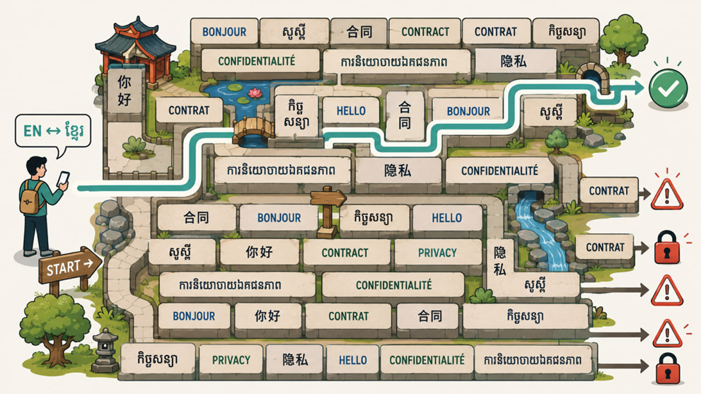 Maze of English, French, Khmer and Chinese words showing safe and risky paths of AI translation.