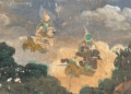 Khmer mural of Preah Ream and Preah Leak riding the flying monkey generals Hanuman and Sugrib through stormy clouds toward Krong Reap’s kingdom of Langka.