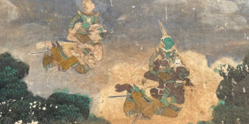Khmer mural of Preah Ream and Preah Leak riding the flying monkey generals Hanuman and Sugrib through stormy clouds toward Krong Reap’s kingdom of Langka.