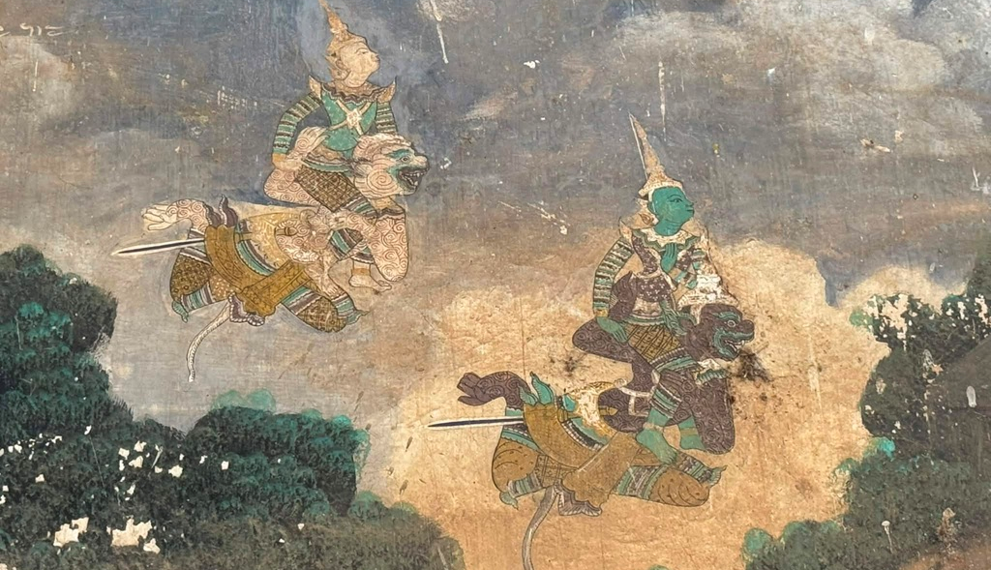 Khmer mural of Preah Ream and Preah Leak riding the flying monkey generals Hanuman and Sugrib through stormy clouds toward Krong Reap’s kingdom of Langka.