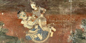 Traditional Khmer mural at the Silver Pagoda showing Preah Leak, dressed as a royal prince, stabbing the ogress Surpanakha as she falls backward, set against a dark red background with traces of Khmer script and landscape details.