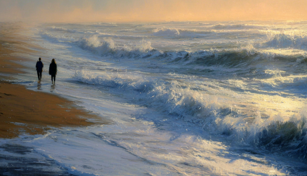 Two people walking along a wet sandy beach at dusk beside foaming waves, with golden light from the setting sun reflecting on the ocean and low clouds in the distance.