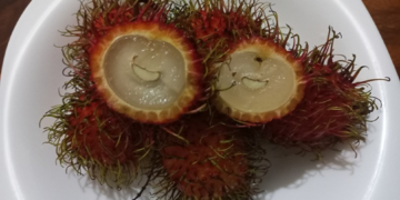 Close-up of opened red rambutans on a white plate in Phnom Penh, showing translucent flesh and playful “smiling” shapes, a typical Cambodian tropical fruit snack.