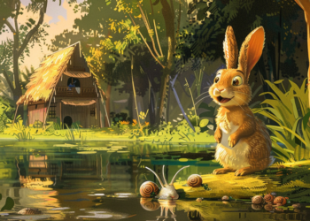 Illustrated scene of a surprised rabbit standing on a grassy bank beside a pond, facing snails in the water, with a traditional wooden Cambodian house and lush forest in the background.