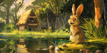 Illustrated scene of a surprised rabbit standing on a grassy bank beside a pond, facing snails in the water, with a traditional wooden Cambodian house and lush forest in the background.