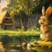Illustrated scene of a surprised rabbit standing on a grassy bank beside a pond, facing snails in the water, with a traditional wooden Cambodian house and lush forest in the background.