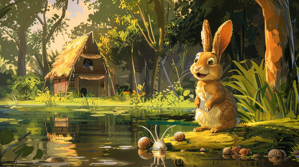 Illustrated scene of a surprised rabbit standing on a grassy bank beside a pond, facing snails in the water, with a traditional wooden Cambodian house and lush forest in the background.