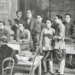 Black and white illustration of a classroom at the École cambodgienne in Paris, showing Cambodian male students in traditional garments standing and sitting at wooden desks while two European teachers supervise the lesson from the front and back of the room.